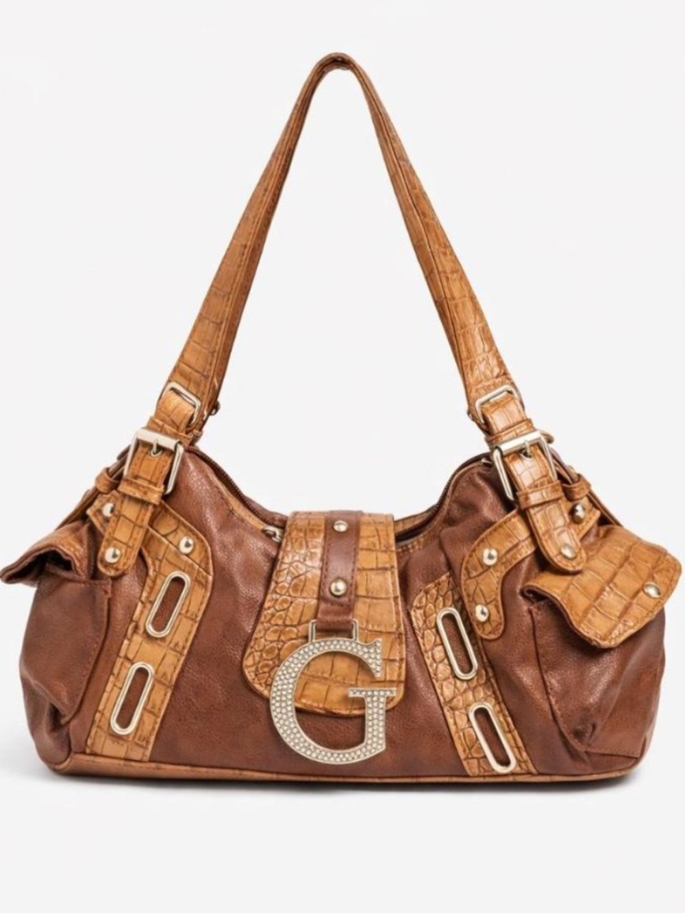 Guess Brown Croc-Trim Shoulder Bag with Rhinestone G